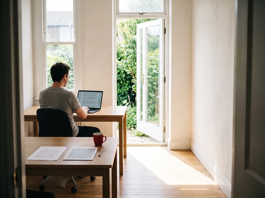 A small office seen from the doorway on a bright day, two wooden desks and a garden door open onto greenery, one person turned away at the far desk with a page of text on the laptop, a printed page and pen and a red mug on the near desk