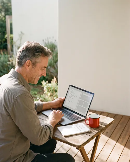 A man working at a small table on a sunlit back porch, smiling as he reads, a page of code and layout blocks on the open laptop, a handwritten list on the pad beside it and a red enamel mug