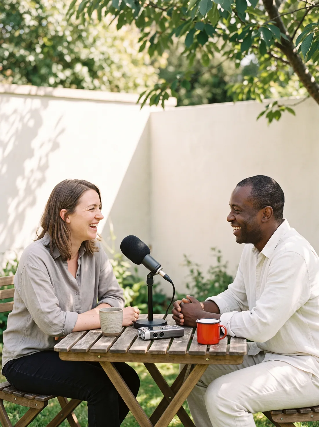 Two people at a garden table in dappled late-morning sun, laughing together, a single microphone on a low stand and a small recorder between them and a red enamel mug at the table edge
