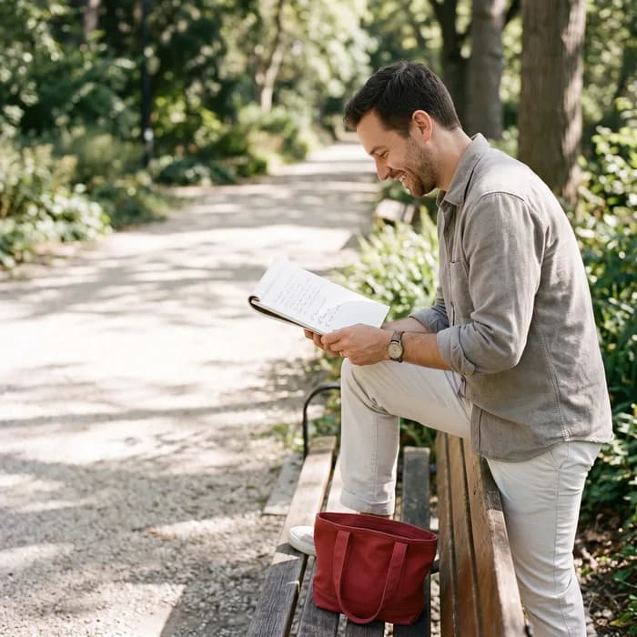 A marketing freelancer standing at the end of a park bench in dappled sun, one foot on the seat, smiling as he reads an open pad of handwritten notes held in both hands, a red bag on the bench