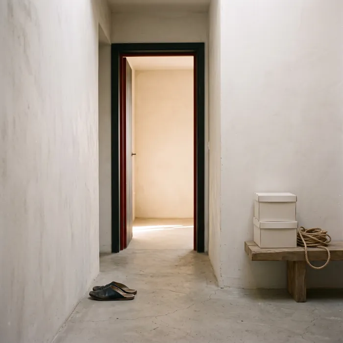 A quiet corridor with an open door at the end letting in warm daylight, one red painted doorframe edge