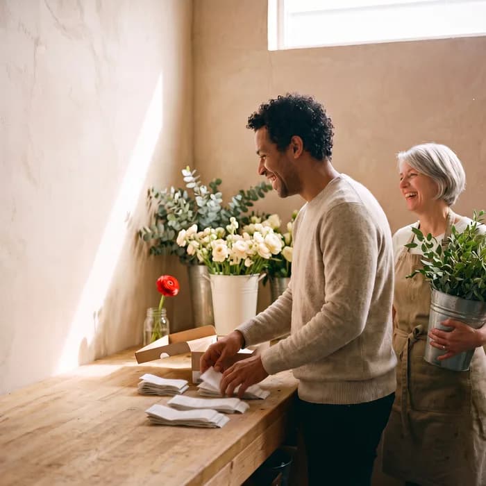 A bookkeeper and a florist standing at a bench in her sunlit back workroom, laughing together, his hands sorting a shoebox of paper slips into small piles while she holds a bucket of greenery, one red flower in a jar