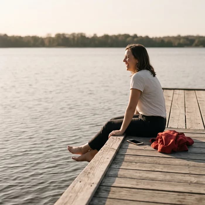 A UX researcher sitting at the end of a sunlit lake dock with her feet over the edge, laughing, her phone face down on the boards and a red jacket folded beside her
