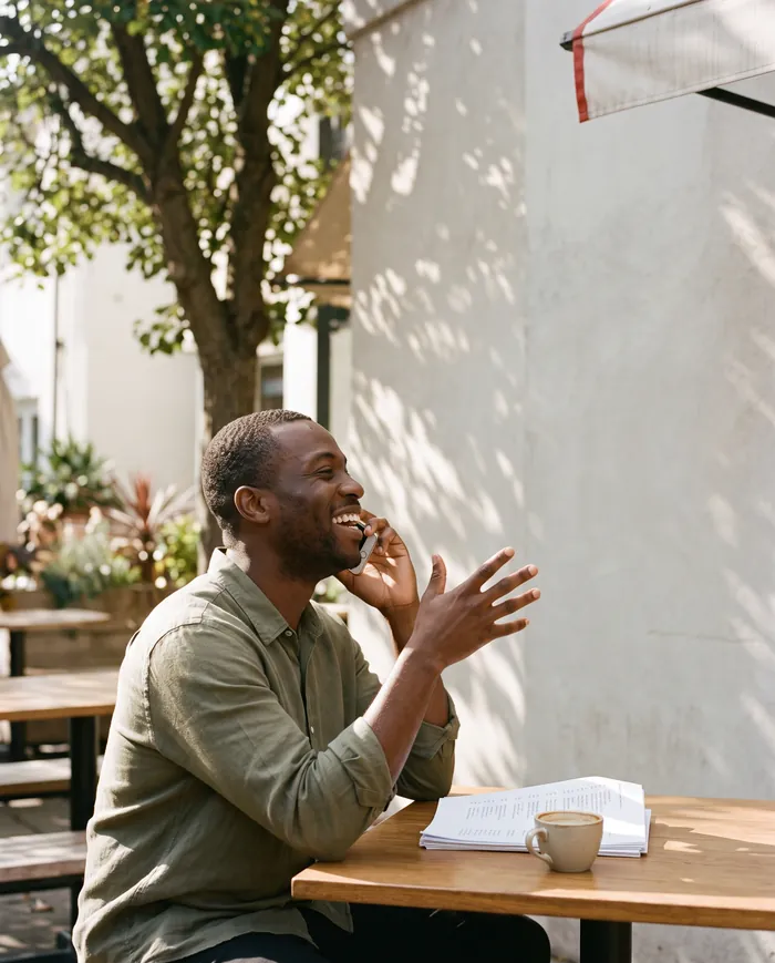 A man laughing on a phone call at a sidewalk coffee shop table in dappled late-morning sun, a stack of printed pages held down by a cup and a pale render wall behind him