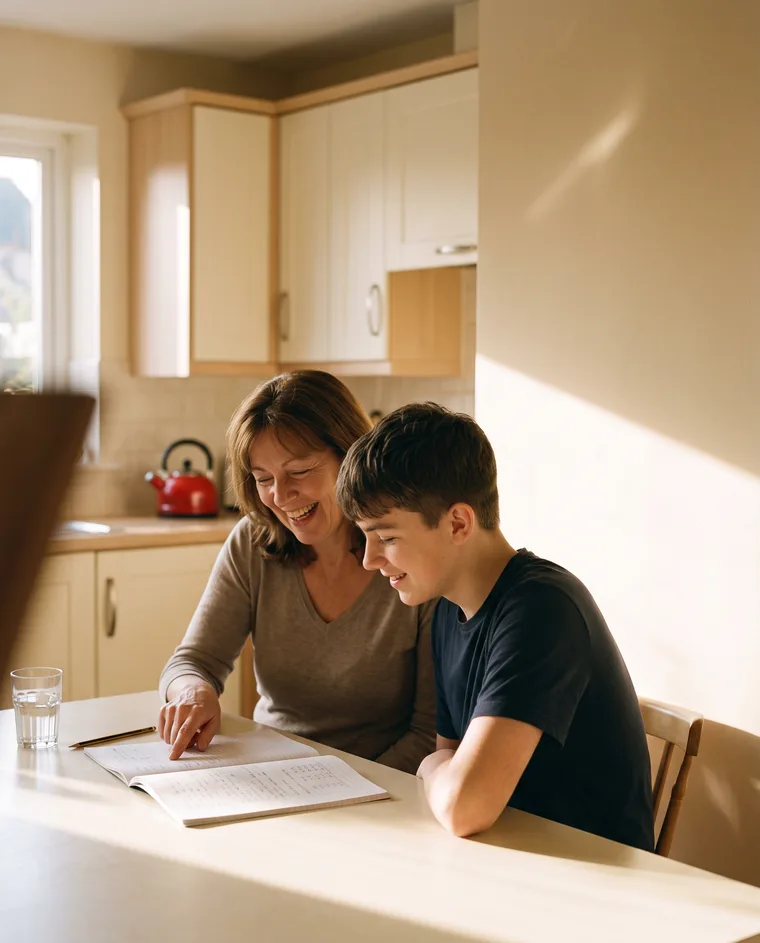 A tutor laughing beside a teenage student at a sunlit kitchen table, pointing at an open exercise book of handwritten rows, a red enamel kettle on the counter behind them