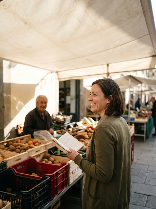 A translator laughing mid conversation with a stallholder at an outdoor market stall, an open notebook of handwriting in one hand, crates of produce in warm earth tones under a pale canvas awning