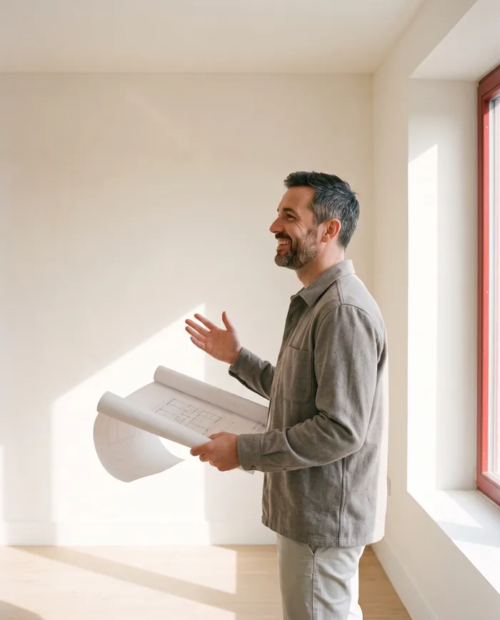 An architect standing in a bright, empty room, laughing as he explains something to someone out of sight, one hand raised and a loose roll of drawings in the other, sun falling across the floor beside a red window frame